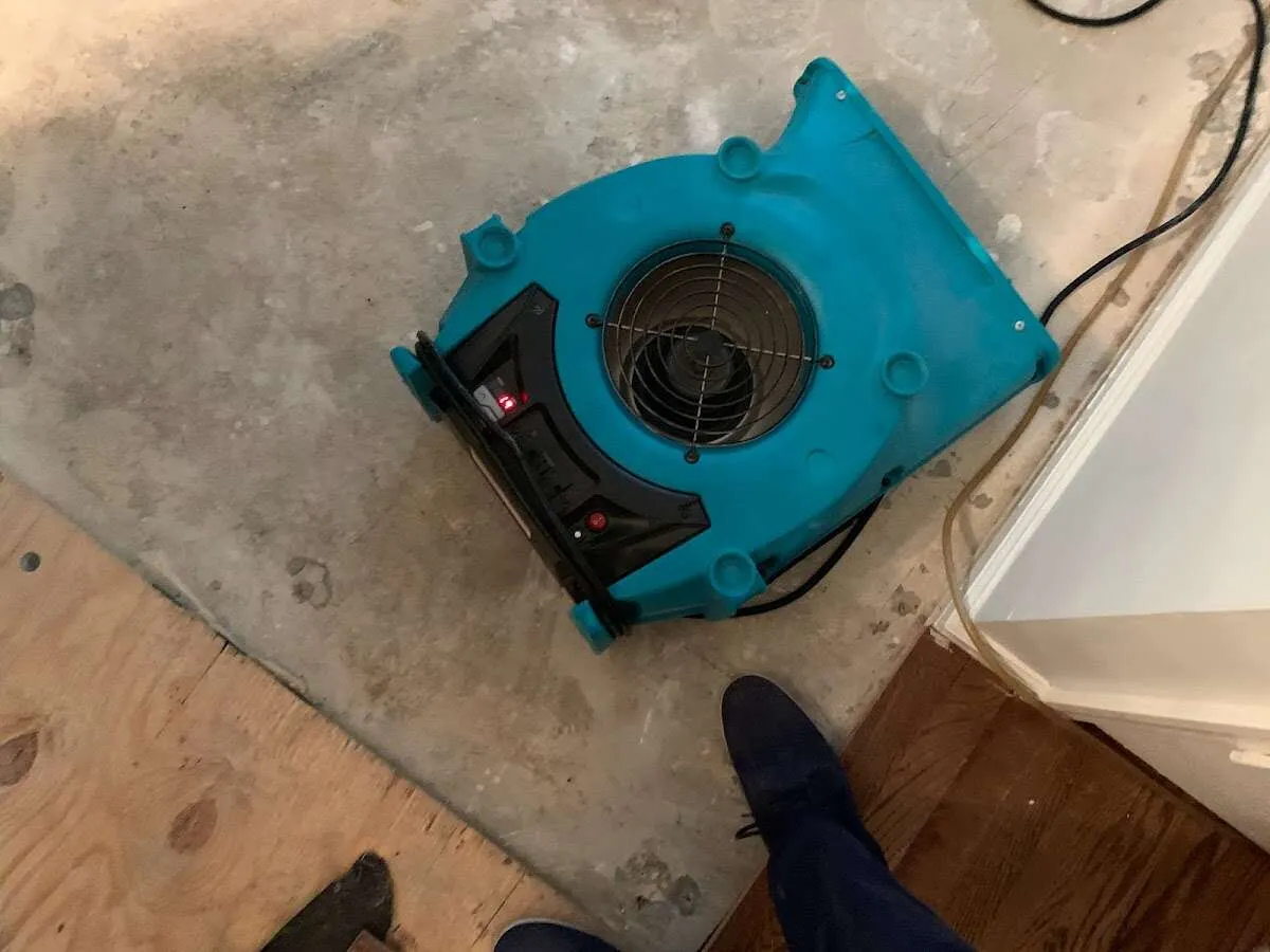 Air mover drying subfloor during Commercial Water Damage Restoration in Sun Valley